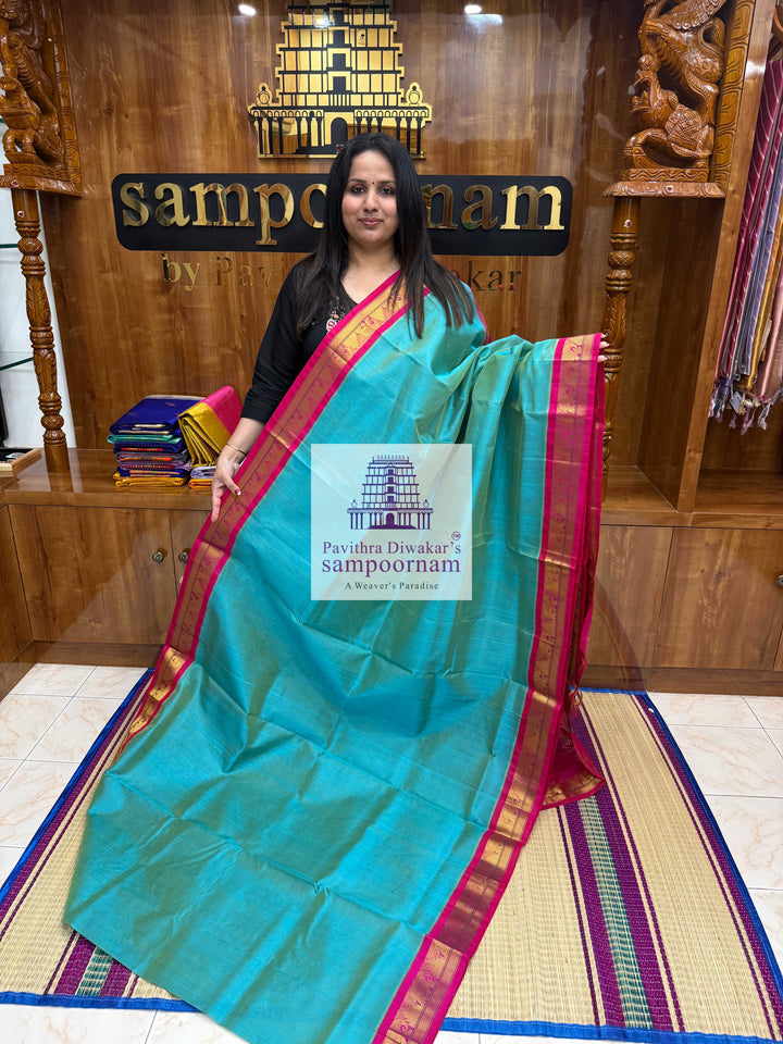 Double Shaded Ramar Green with Rani Pink , Traditional border and Rich Pallu Korvai Silk Cotton Saree