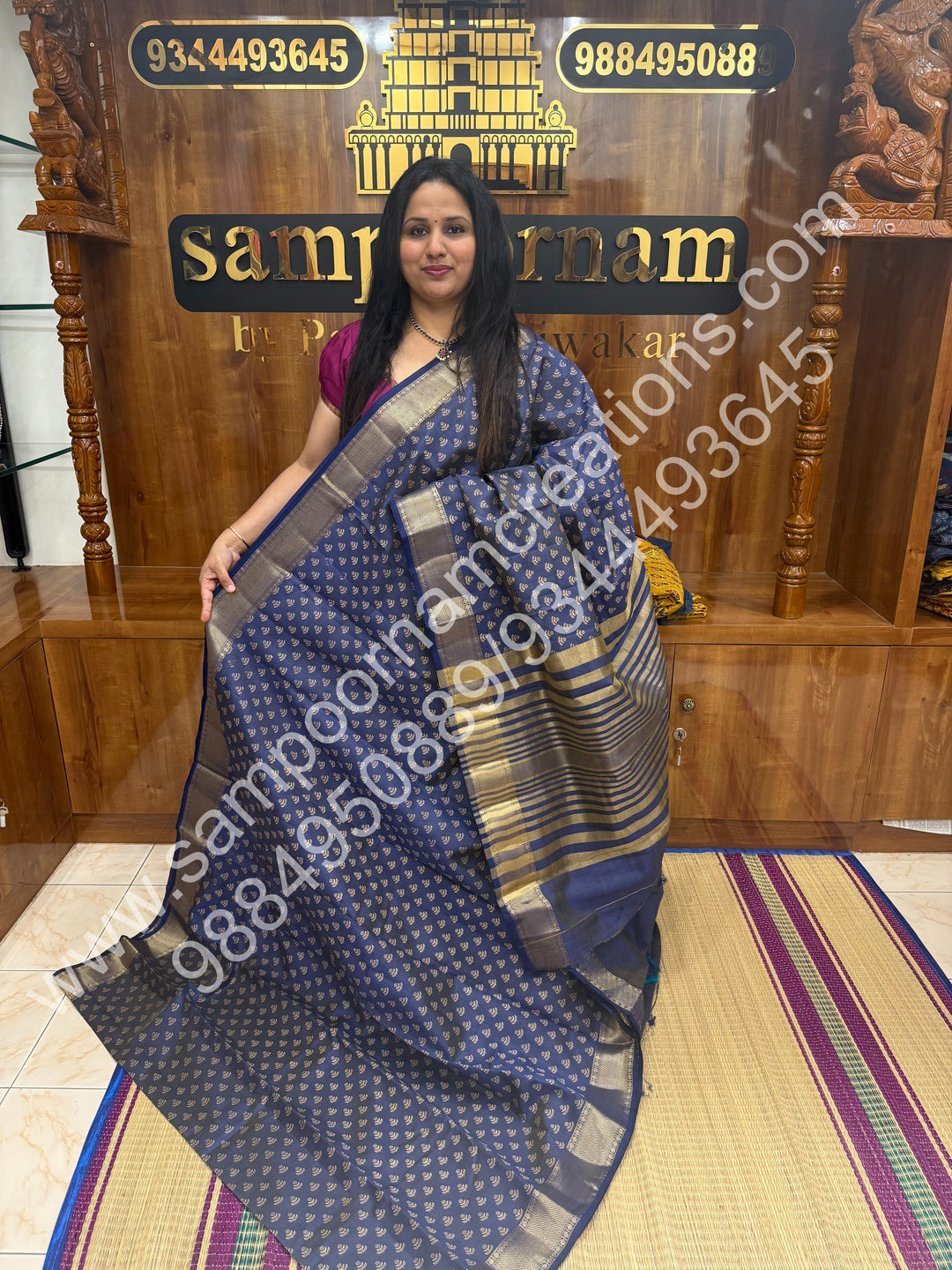 Blue , Floral Prints in the body .Tissue Pallu and Printed Blouse Semi Tussar Saree