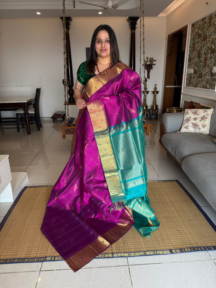 Vadamali Purple with Turquoise Blue , parrot motifs and Zari checks in the body , Rich Pallu and paithani borders pure silk cotton saree
