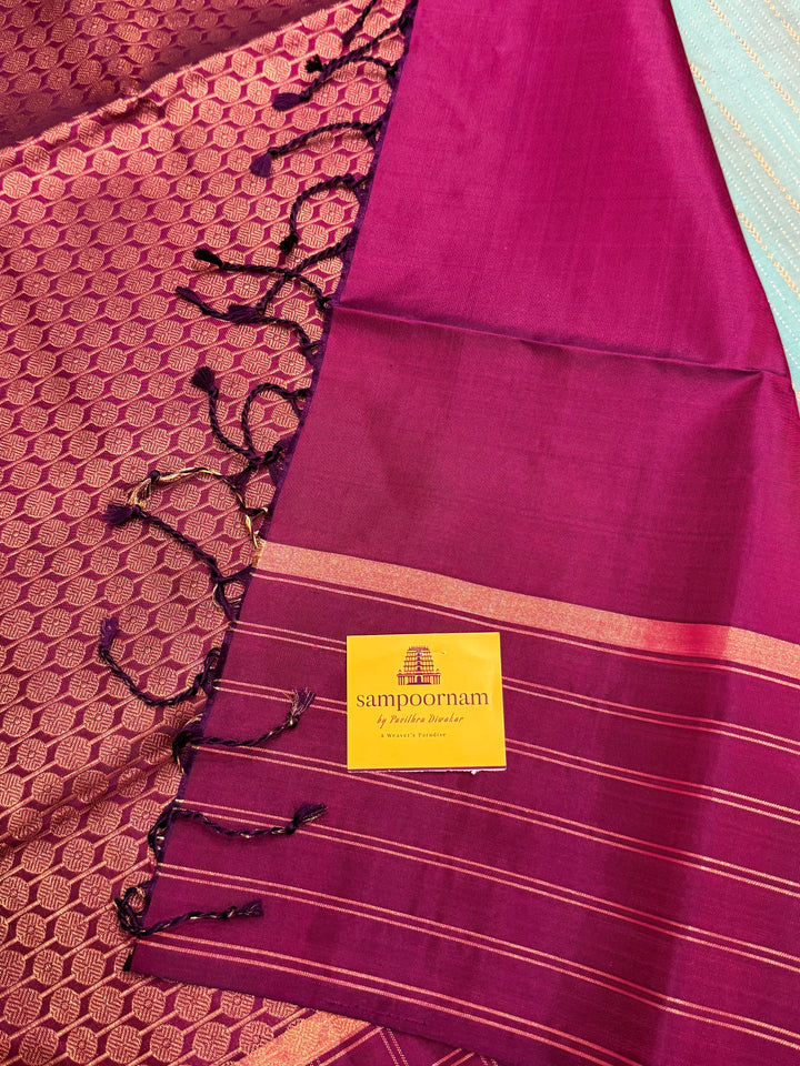 Light Rama Blue with Purple , rich zari vertical line all over the body , traditional checks border and grand Pallu Pure Soft Silk Saree