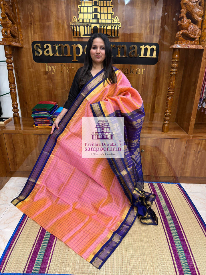 Pastel Pink with Dark Blue , body checks , traditional borders and Grand Pallu Korvai Silk Cotton Saree