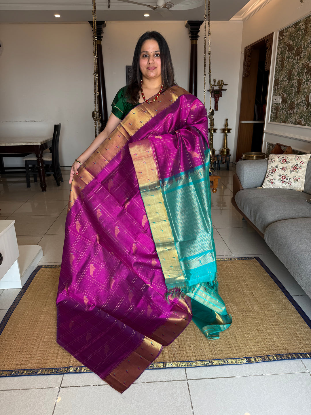 Vadamali Purple with Turquoise Blue , parrot motifs and Zari checks in the body , Rich Pallu and paithani borders pure silk cotton saree
