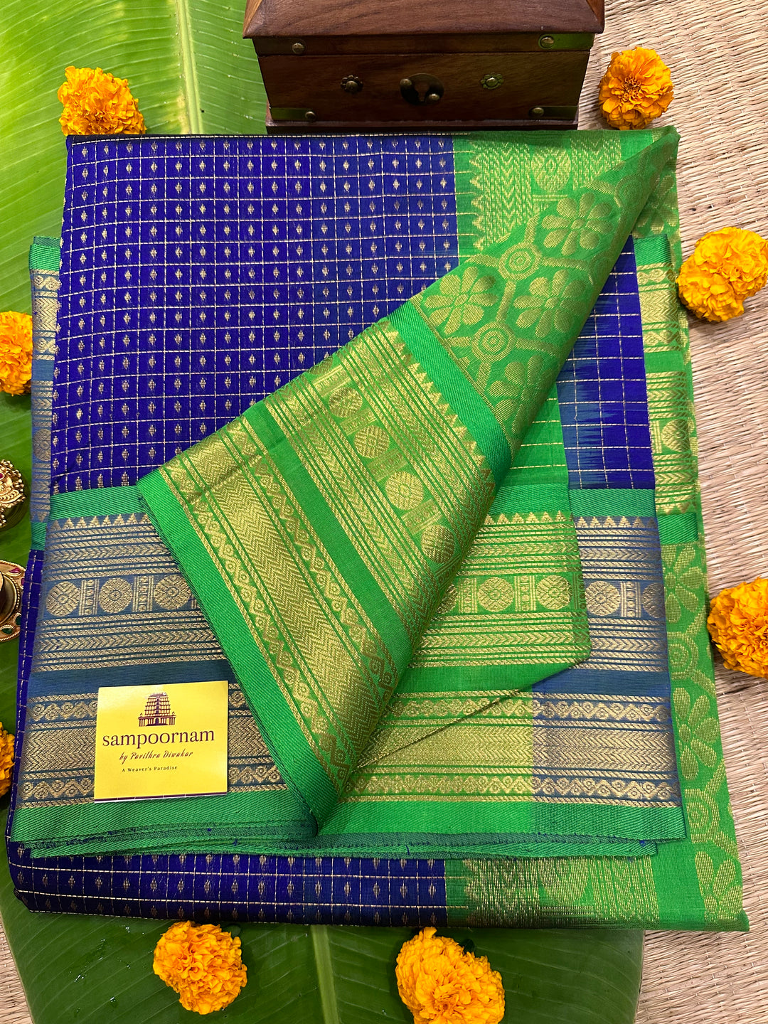 Blue Green Zari Lakshadeepam Silk Cotton Saree