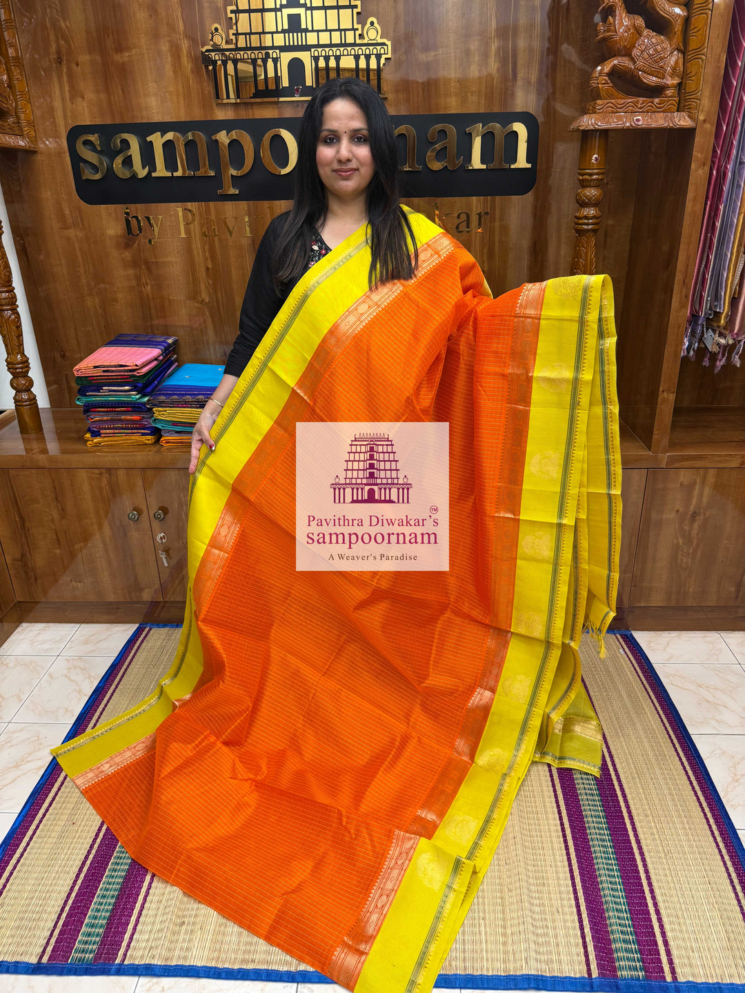 Orange with Lemon Yellow , thread checks in the body and Iruthalai Pakshi border , Rich Pallu Korvai Silk Cotton Saree