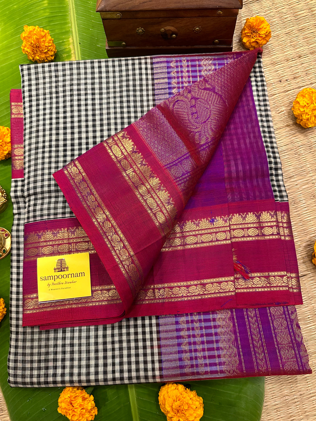 Offwhite Black & White Podi Kattam - Magenta Rettapet Border Rich pallu Korvai Silk Cotton Saree