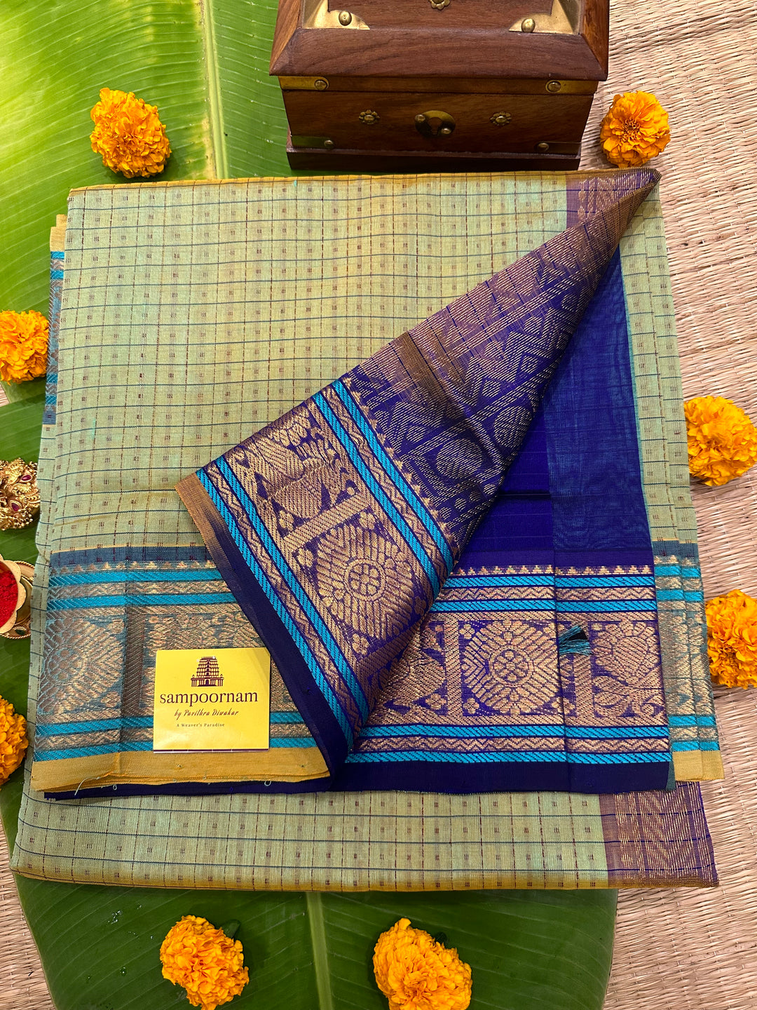 Elaichi Green with Blue Lakshadeepam Silk Cotton Saree