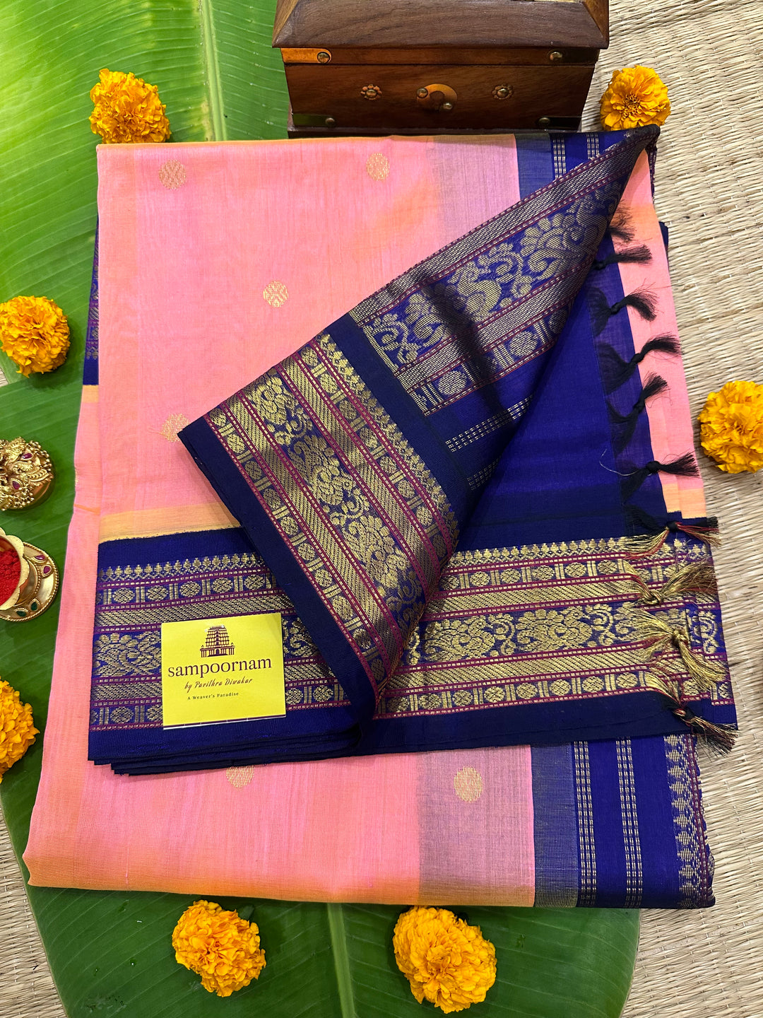 Peachish Pink With Blue Body Zari Butta Rich Pallu Korvai Silk Cotton Saree