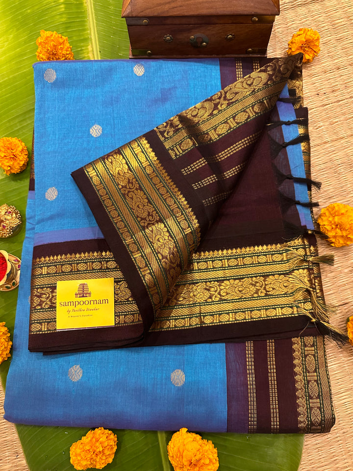 Blue with Brown Body Zari Butta with Rich Pallu Korvai Silk Cotton Saree