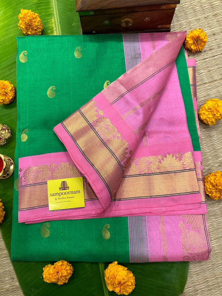 Light Green with Baby Pink RIch Body Butta and Grand Pallu Korvai SIlk Cotton Saree