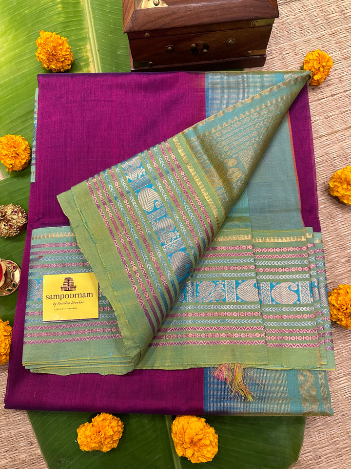 Purple with Greyish Blue One side Big Kanchi Border Korvai Silk Cotton Saree