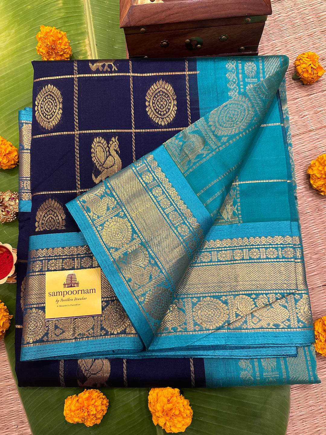 Dark Blue with Blue Mayil Chakram Silk Cotton Saree