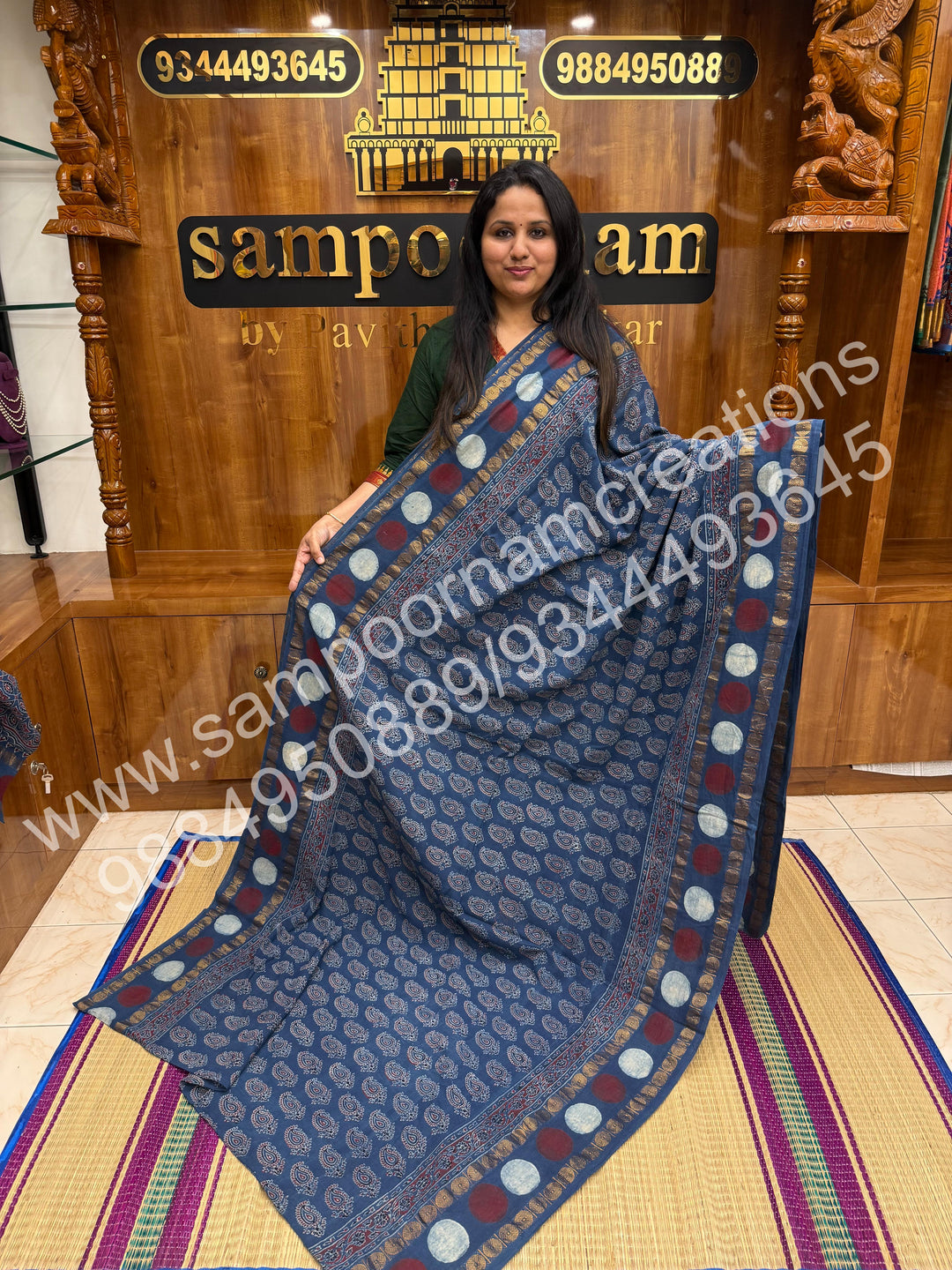 Blue , Ajrakh Handblock Printed with Rudraksh Border , Sungudi Cotton Saree