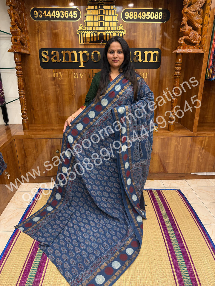 Blue , Ajrakh Handblock Printed with Rudraksh Border , Sungudi Cotton Saree