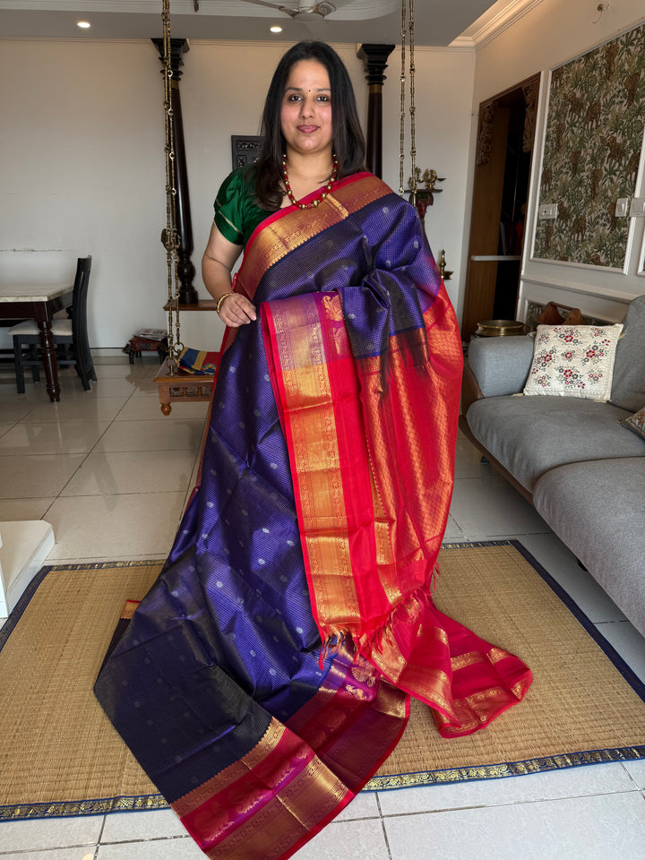 Dark Blue with Red, One Side Big Satin Border with Peacock Motifs, Body Zari Podi Kattam and Silver Floral Zari Butta in the Body and Rich Pallu Korvai Silk Cotton Saree