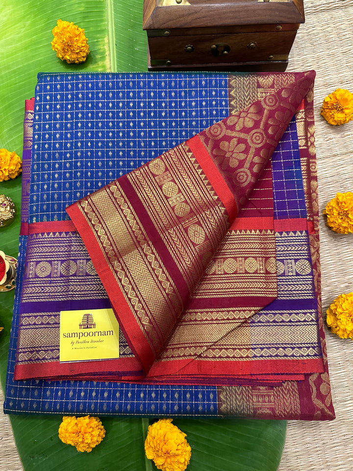 Blue with Red Zari Lakshadeepam Silk Cotton Saree