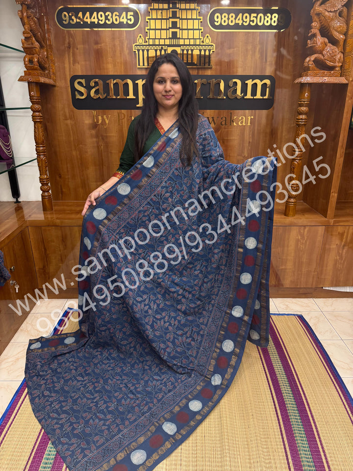 Blue , Ajrakh Handblock Printed with Rudraksh Border , Sungudi Cotton Saree