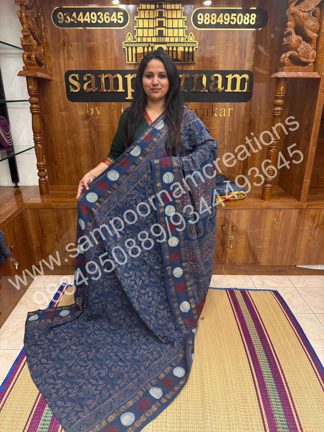 Blue , Ajrakh Handblock Printed with Rudraksh Border , Sungudi Cotton Saree