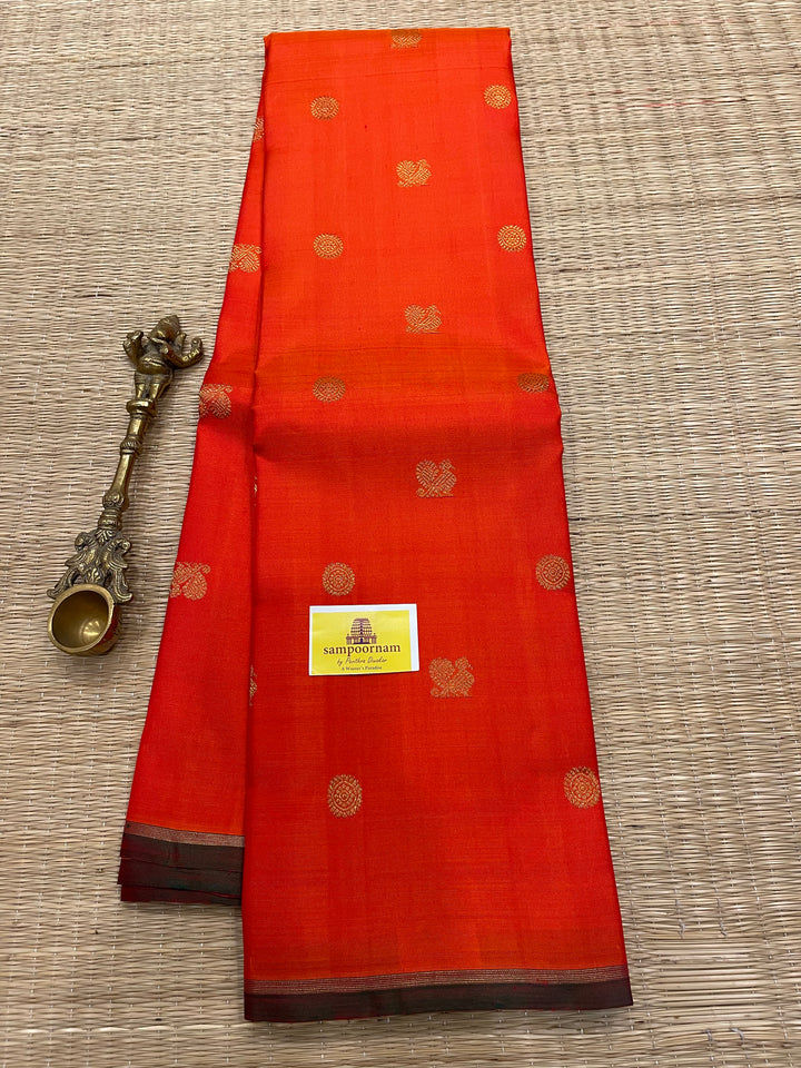 Fanta Orange with Maroon mayil Chakram Small Zari Butta with Traditional Kalakshetra Killi Pallu - Kanjivaram Silk Saree