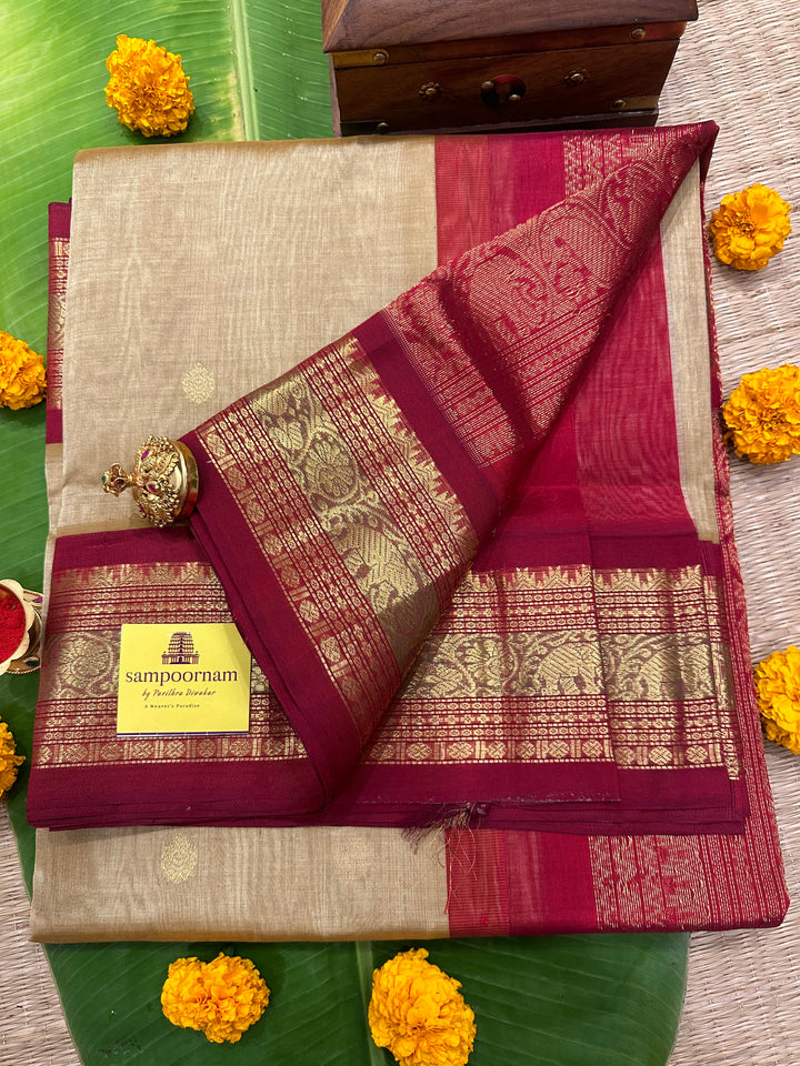 Gold colour with Red Kanchi Border -  RIch Zari butta and Grand Pallu Korvai Silk Cotton Saree