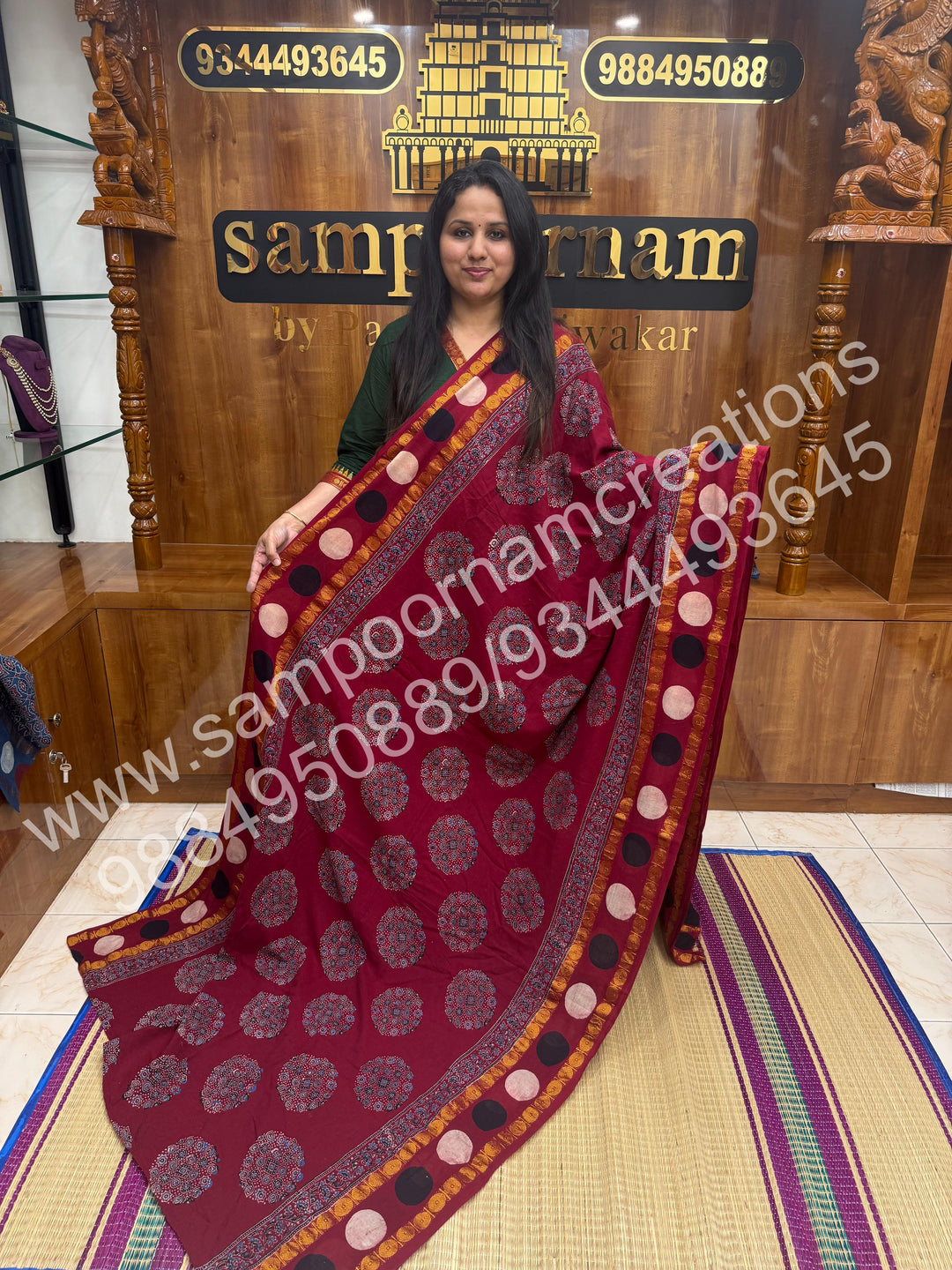 Red , Ajrakh Handblock Printed with Rudraksh Border , Sungudi Cotton Saree