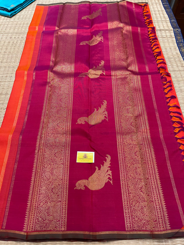 Fanta Orange with Maroon mayil Chakram Small Zari Butta with Traditional Kalakshetra Killi Pallu - Kanjivaram Silk Saree