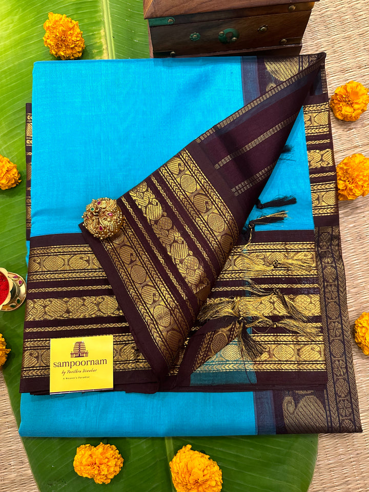 Blue with Brown Rich Kanchi Triple Border and Grand Pallu Korvai SIlk Cotton Saree