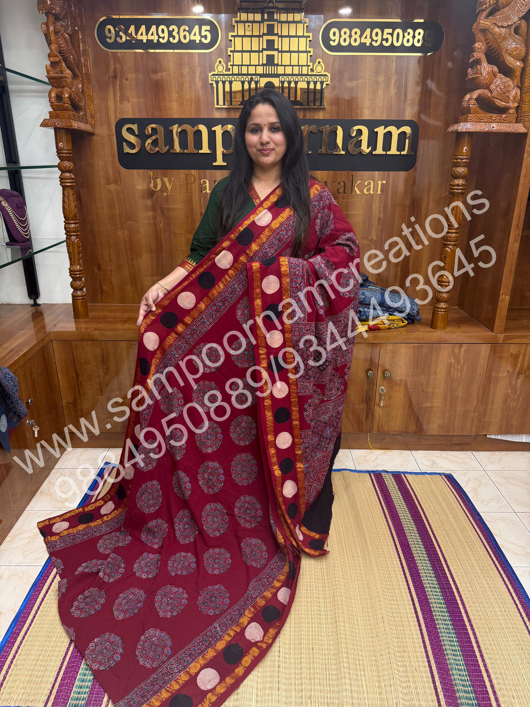 Red , Ajrakh Handblock Printed with Rudraksh Border , Sungudi Cotton Saree