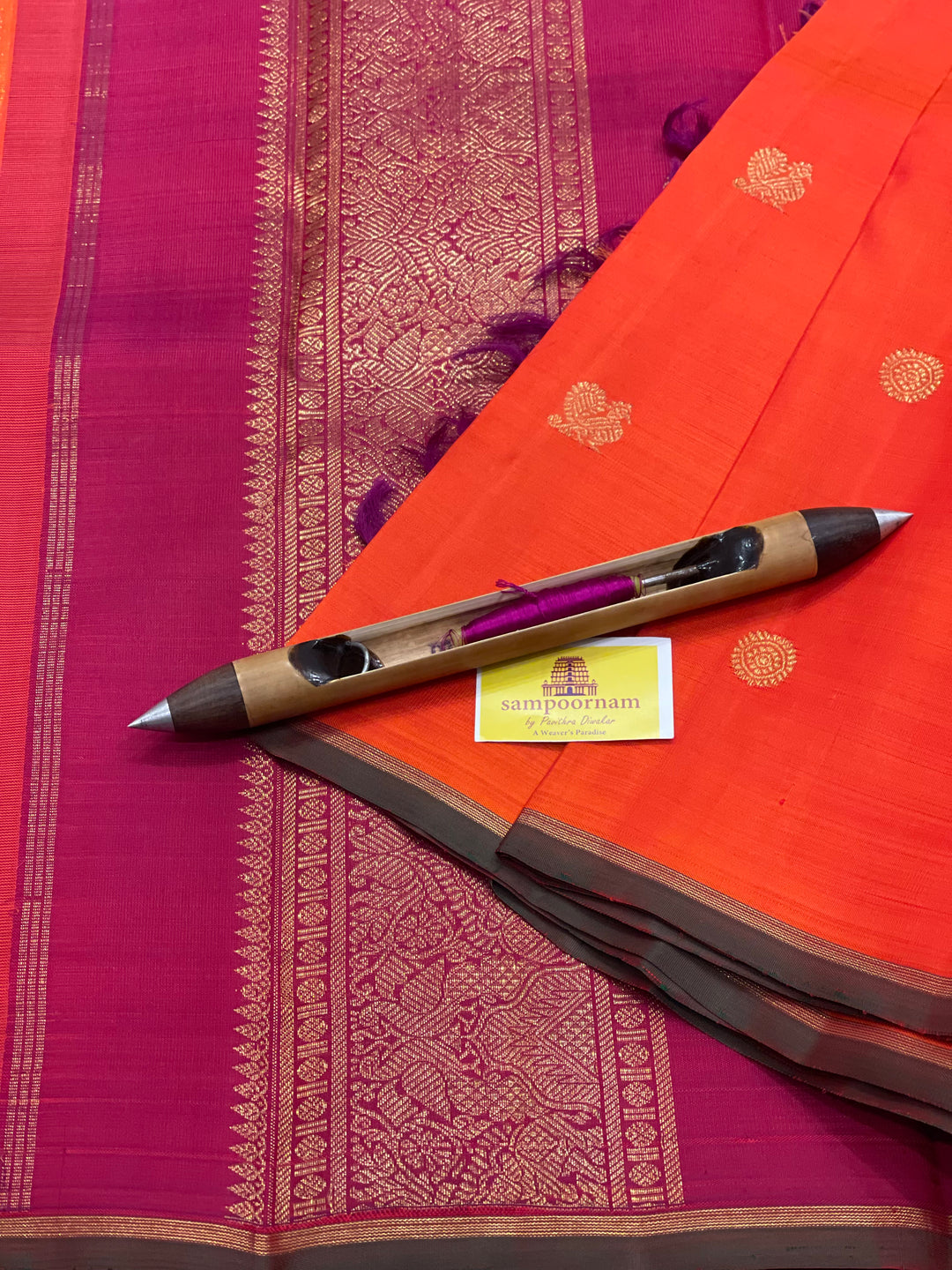 Fanta Orange with Maroon mayil Chakram Small Zari Butta with Traditional Kalakshetra Killi Pallu - Kanjivaram Silk Saree