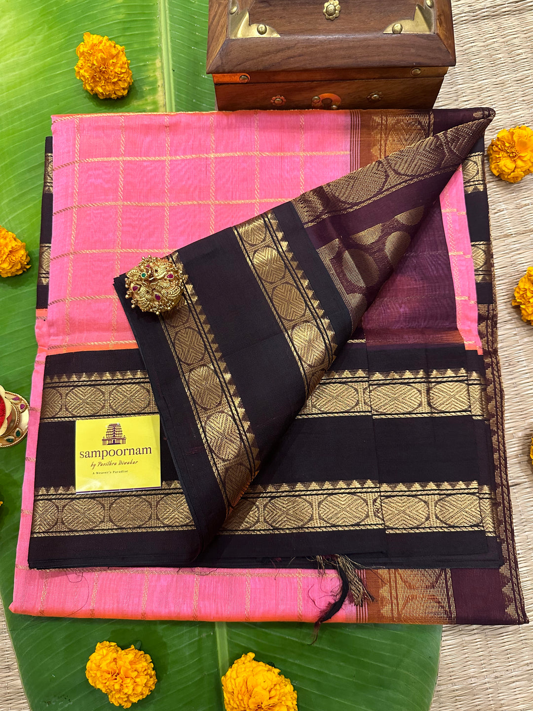 Baby Pink with Brown Rettapet Border With Big Zari Checks in the Body , Rich Pallu Korvai Silk Cotton Saree