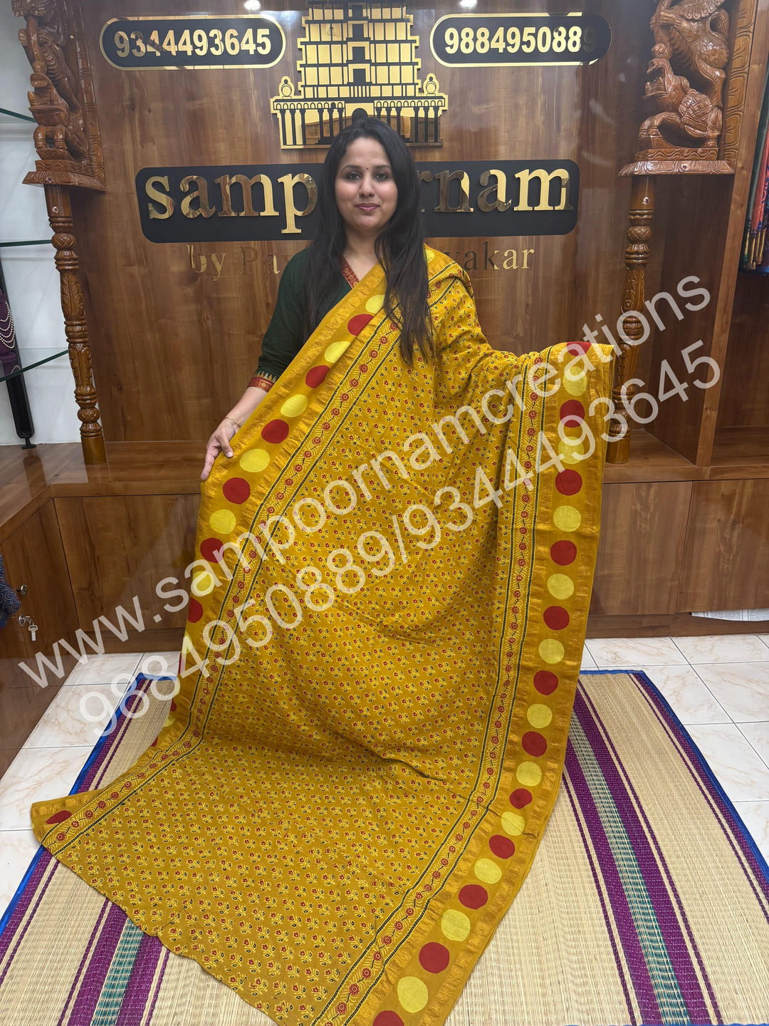 Mustard , Ajrakh Handblock Printed with Rudraksh Border , Sungudi Cotton Saree