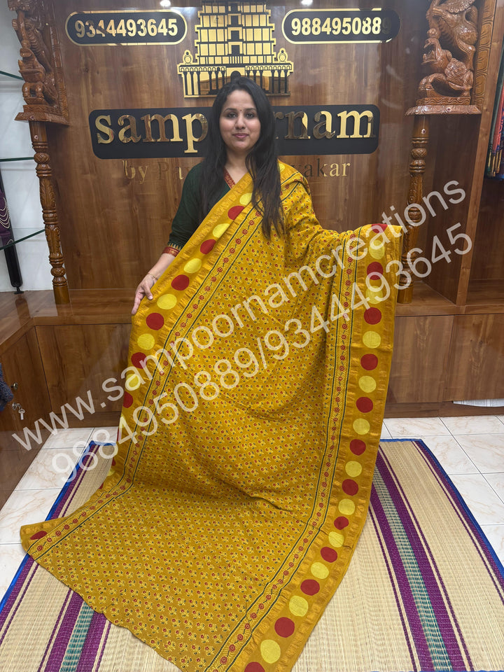 Mustard , Ajrakh Handblock Printed with Rudraksh Border , Sungudi Cotton Saree