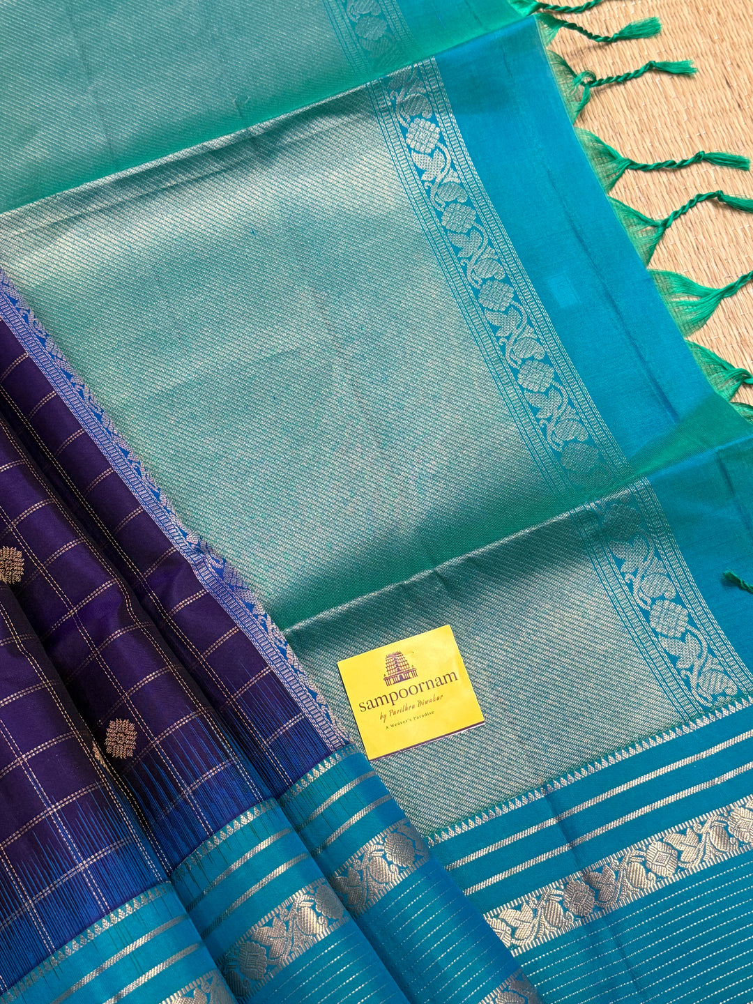 Dark Blue with Light Blue, rich zari butta with zari checks all over the body, Rettapet traditional borders and rich Pallu Pure Soft Silk Saree