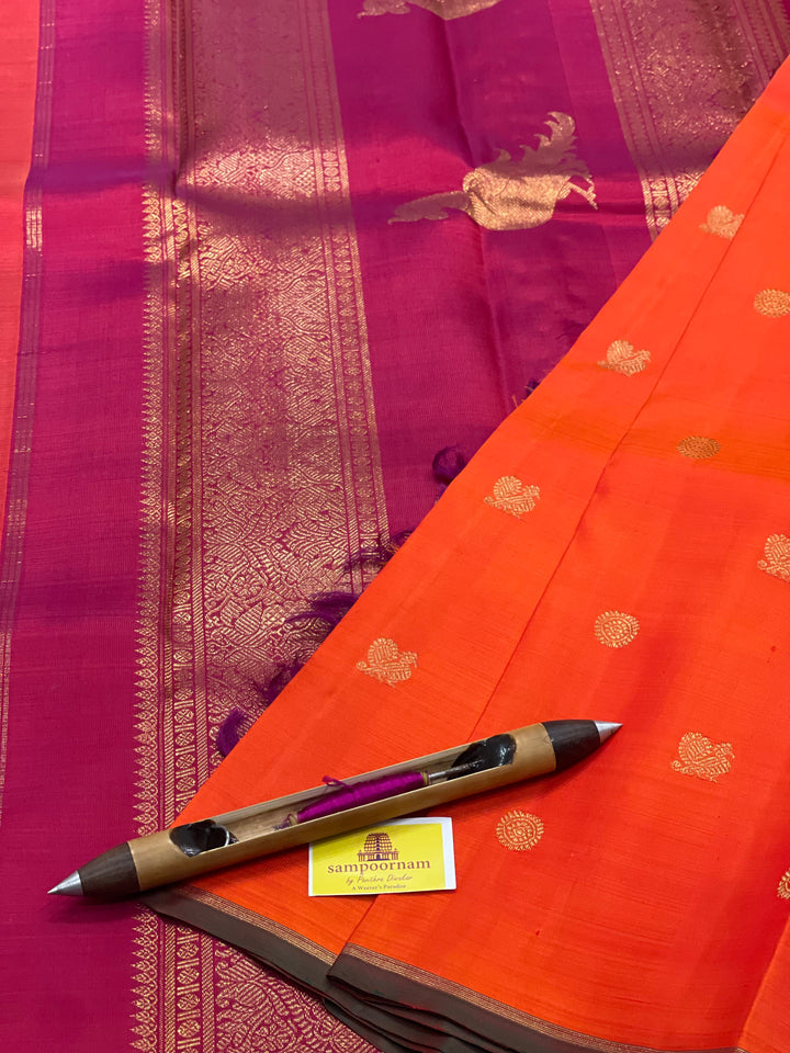 Fanta Orange with Maroon mayil Chakram Small Zari Butta with Traditional Kalakshetra Killi Pallu - Kanjivaram Silk Saree