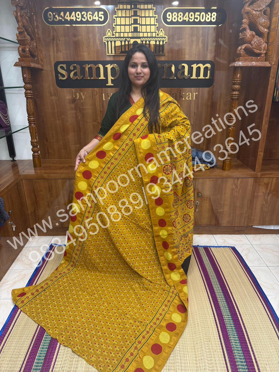 Mustard , Ajrakh Handblock Printed with Rudraksh Border , Sungudi Cotton Saree