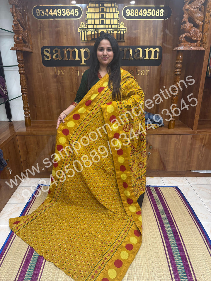 Mustard , Ajrakh Handblock Printed with Rudraksh Border , Sungudi Cotton Saree