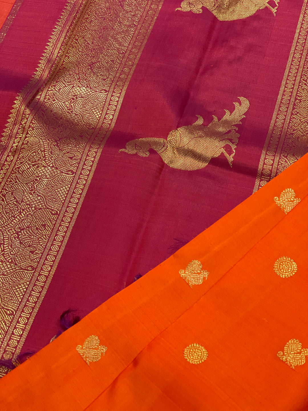 Fanta Orange with Maroon mayil Chakram Small Zari Butta with Traditional Kalakshetra Killi Pallu - Kanjivaram Silk Saree