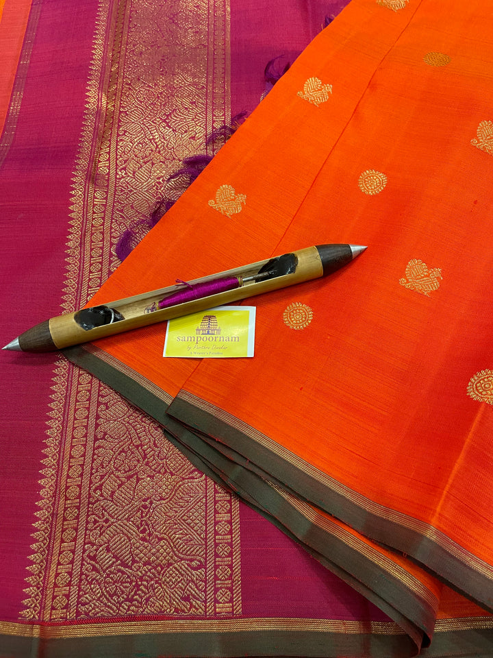 Fanta Orange with Maroon mayil Chakram Small Zari Butta with Traditional Kalakshetra Killi Pallu - Kanjivaram Silk Saree