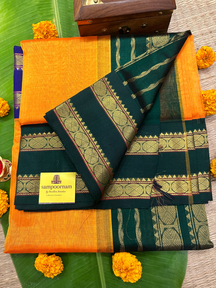 Mambazha Manjal Rettapet Ganga Jamuna Border Green and Blue, Rich Pallu Korvai Silk Cotton Saree