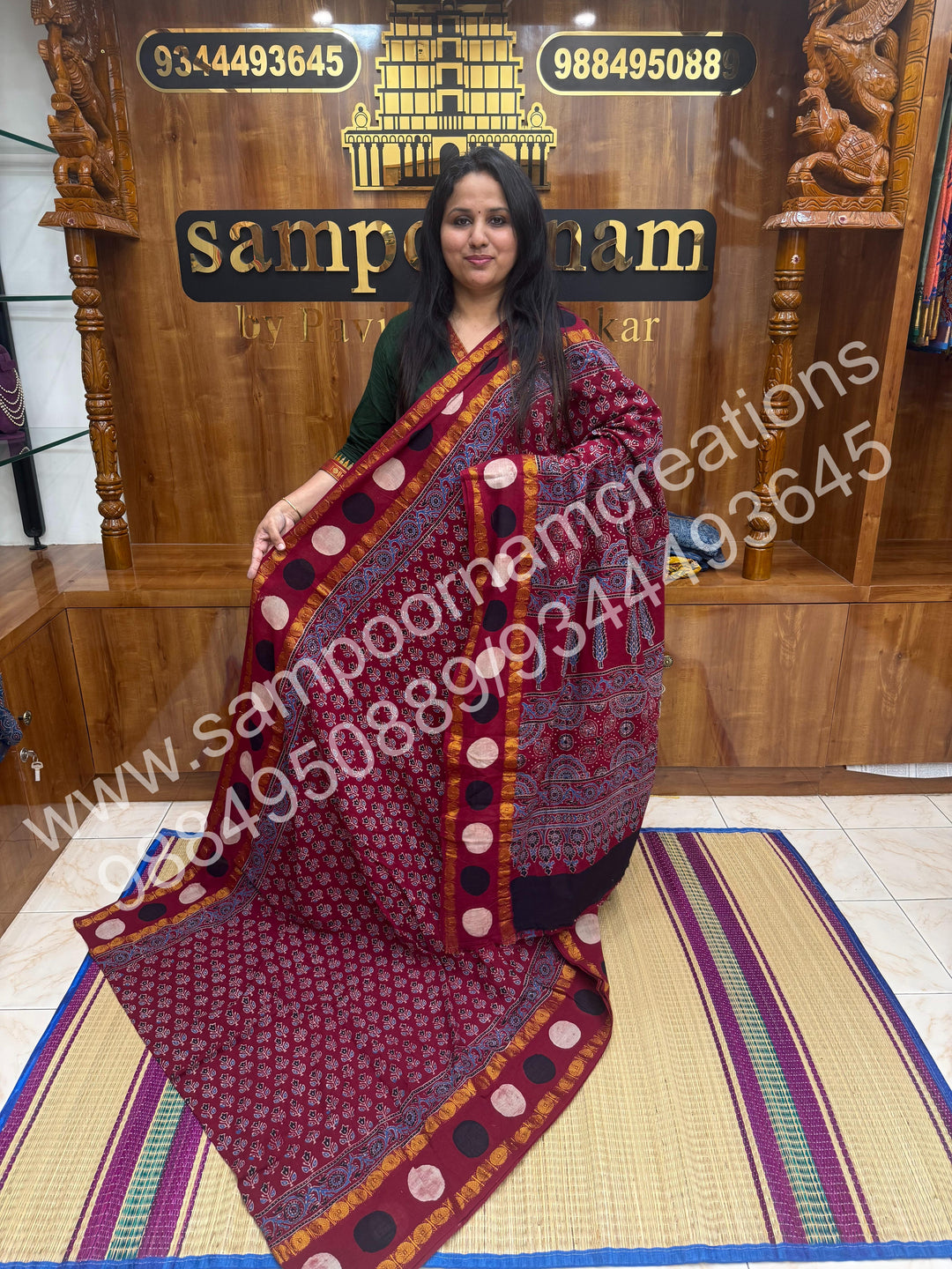 Red , Ajrakh Handblock Printed with Rudraksh Border , Sungudi Cotton Saree