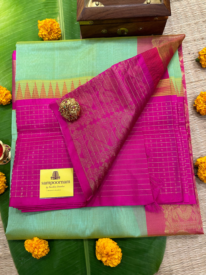 Light Rexona Green with Pink One side Big Lakshadeepam Border Korvai Silk Cotton Saree