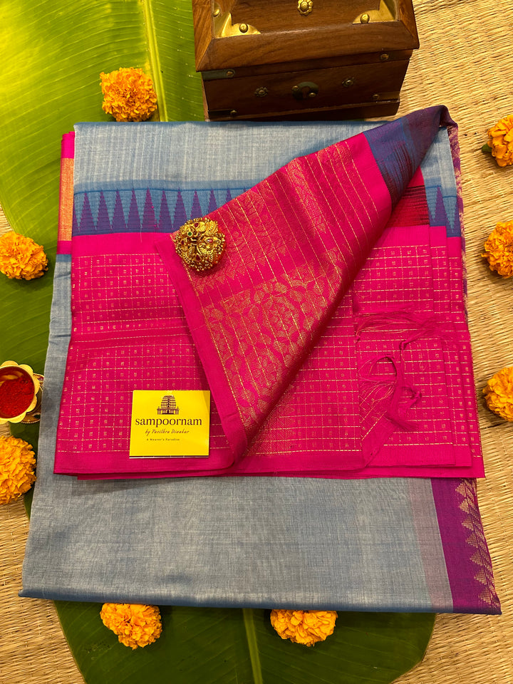 Steel Blue with Pink One Side Big lakshadeepam Border and Rich Pallu Korvai Silk Cotton Saree