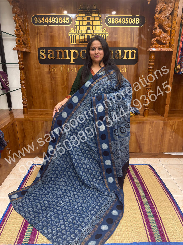 Blue , Ajrakh Handblock Printed with Rudraksh Border , Sungudi Cotton Saree