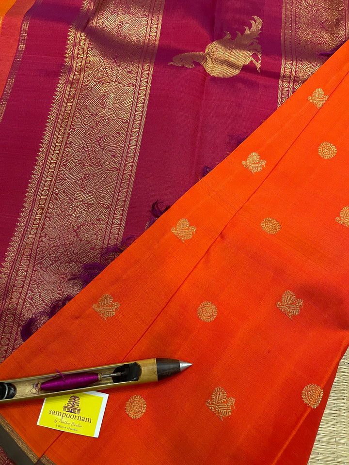 Fanta Orange with Maroon mayil Chakram Small Zari Butta with Traditional Kalakshetra Killi Pallu - Kanjivaram Silk Saree