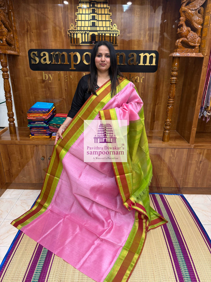 Baby Pink with Green , Rettapet border and Grand Pallu Korvai Silk Cotton Saree