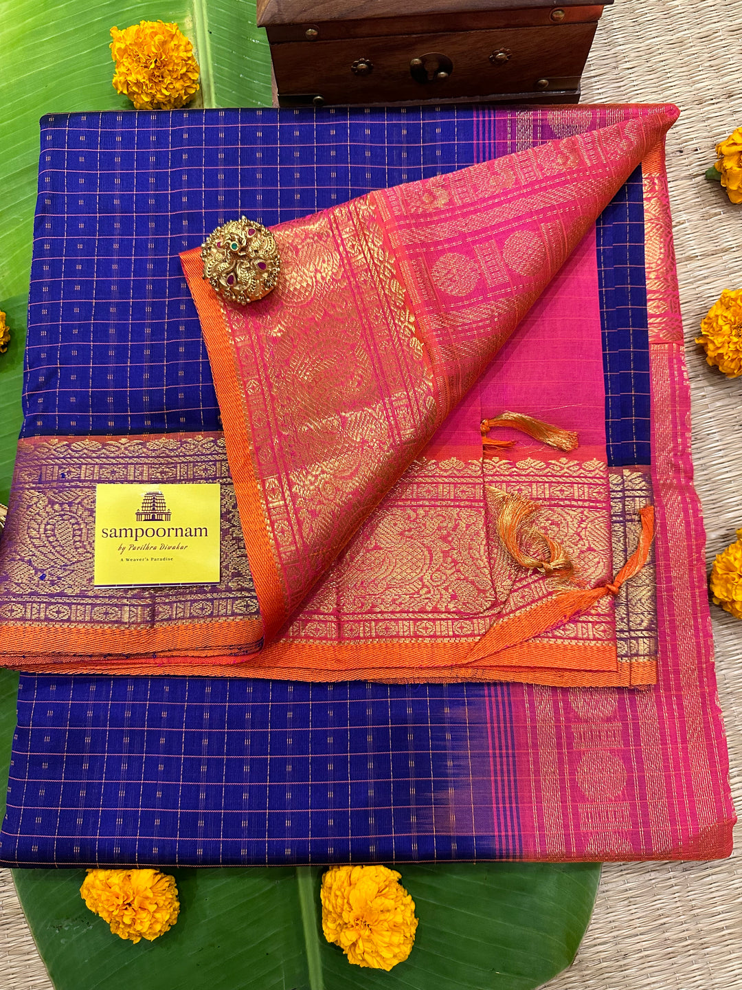 Blue with Orangish Pink Lakshadeepam Silk Cotton Saree