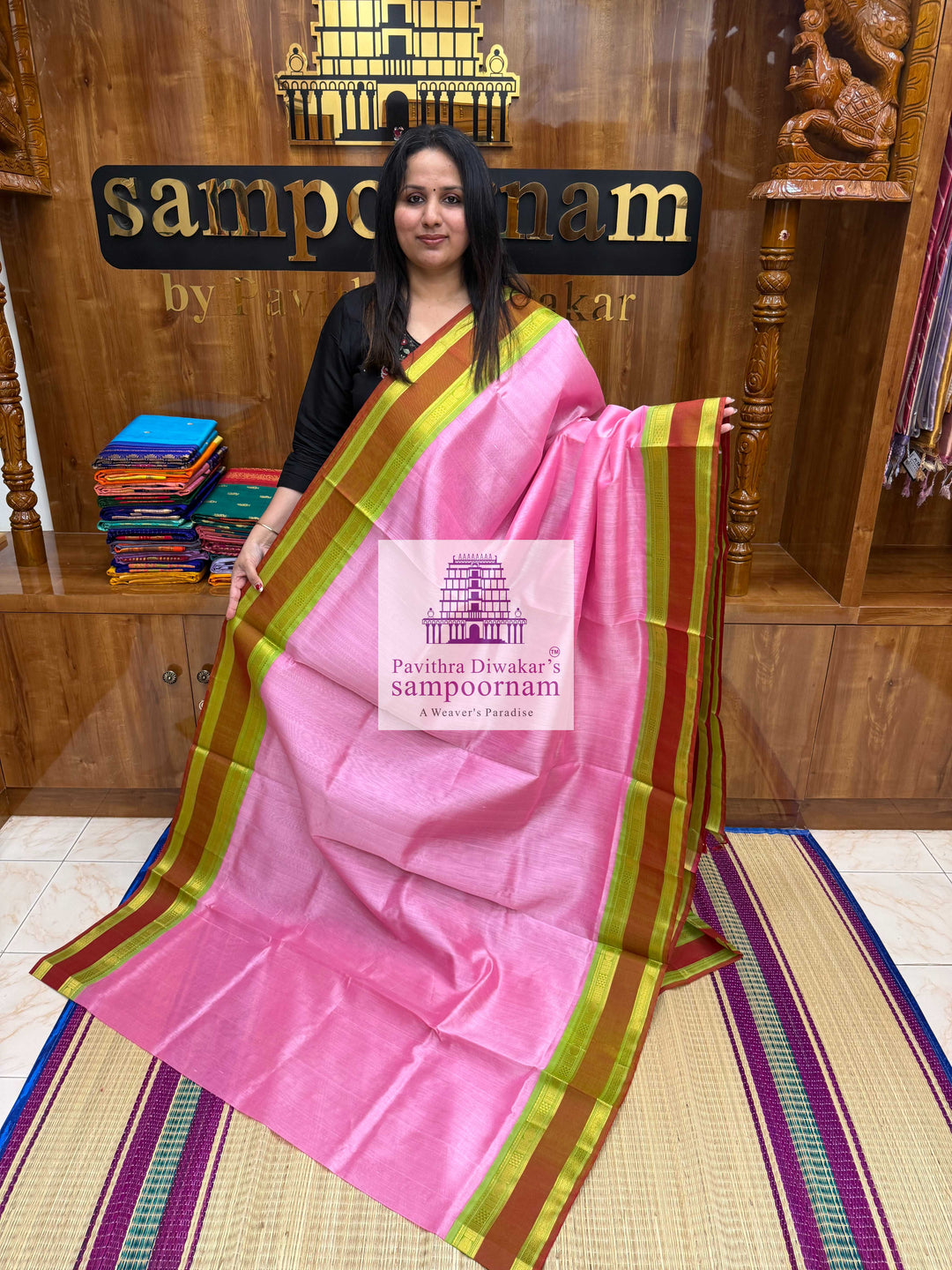 Baby Pink with Green , Rettapet border and Grand Pallu Korvai Silk Cotton Saree