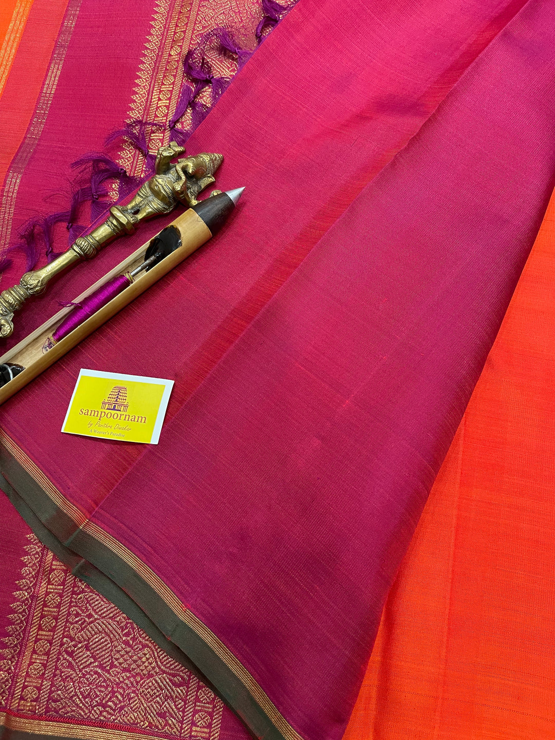 Fanta Orange with Maroon mayil Chakram Small Zari Butta with Traditional Kalakshetra Killi Pallu - Kanjivaram Silk Saree