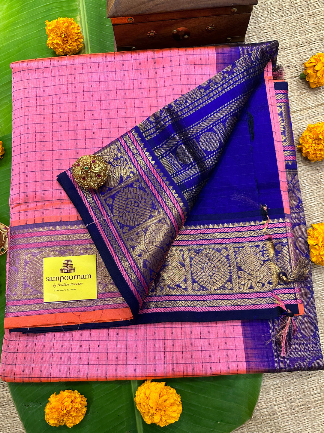 Baby Pink with Dark Blue Lakshadeepam Silk Cotton Saree