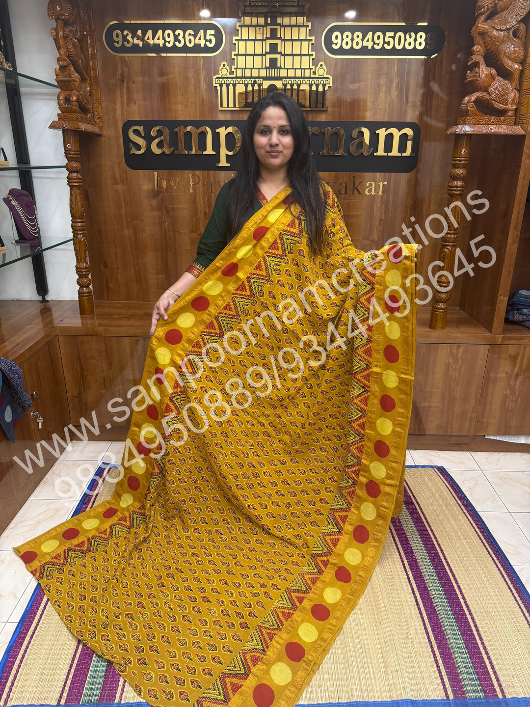Mustard , Ajrakh Handblock Printed with Rudraksh Border , Sungudi Cotton Saree