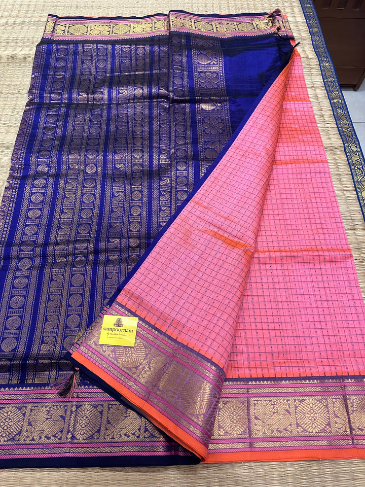 Baby Pink with Dark Blue Lakshadeepam Silk Cotton Saree